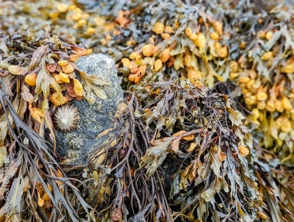 Fototapeta Close-up at low tide of thick wet seaweed covering a rock with a limpet stuck to it