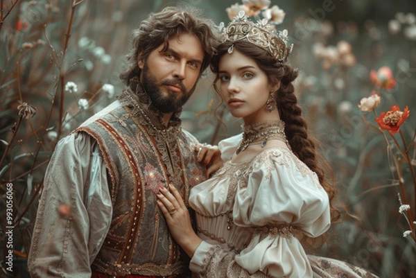 Fototapeta Ivan the Fool and Vasilisa the Beautiful in a whimsical scene from Russian folklore, full of charm and magic