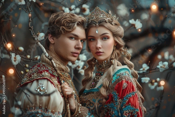 Fototapeta Ivan the Fool and Vasilisa the Beautiful in a whimsical scene from Russian folklore, full of charm and magic
