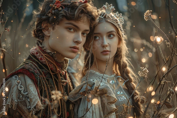 Fototapeta Ivan the Fool and Vasilisa the Beautiful in a whimsical scene from Russian folklore, full of charm and magic