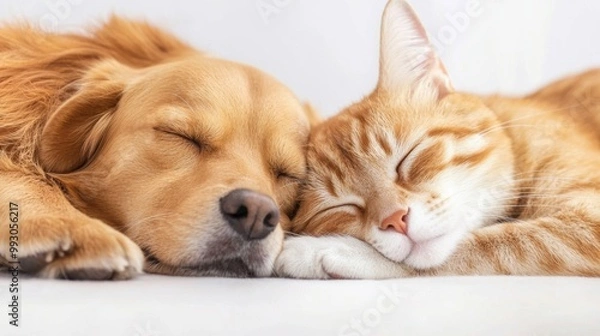 Fototapeta A peaceful scene of a sleeping dog and cat cuddled together, showcasing their harmonious relationship in a cozy environment.