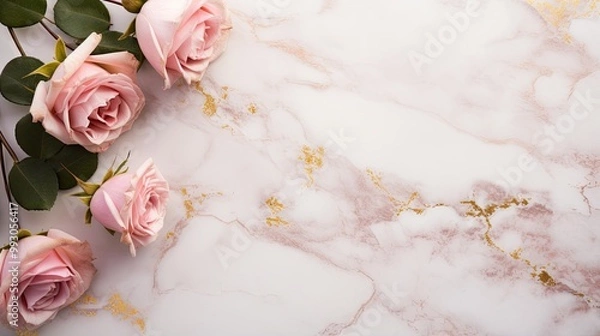 Fototapeta A top view of a sophisticated marble background with a scattering of blush pink roses and delicate gold accents