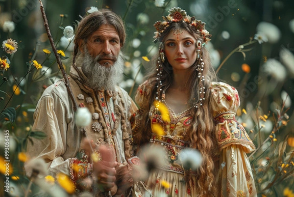 Fototapeta Ivan the Fool and Vasilisa the Beautiful in a whimsical scene from Russian folklore, full of charm and magic