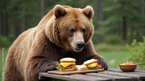 Fototapeta Grizzly Bear Enjoying a Picnic Snack at a Forest Table - Humorous Wildlife Photography for Nature and Food Enthusiasts
