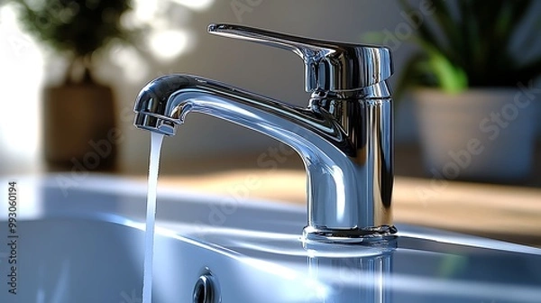 Obraz A water-saving aerator on a faucet, reducing the water flow while maintaining a strong stream, with sunlight reflecting off the chrome surface, symbolizing sustainable water use in a modern home.