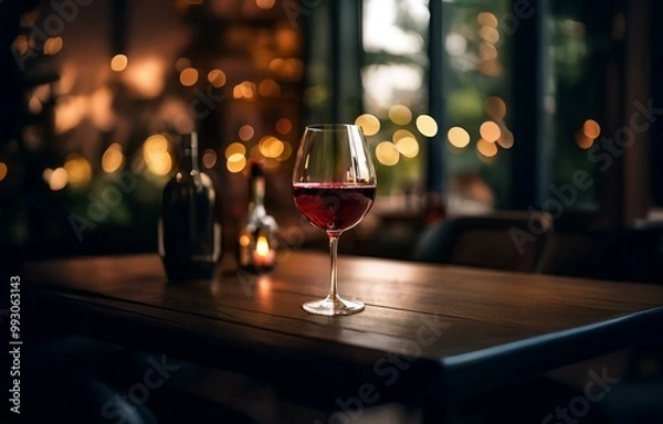 Fototapeta A glass of red wine sits on a wooden table in a dimly lit restaurant with bokeh lights in the background.