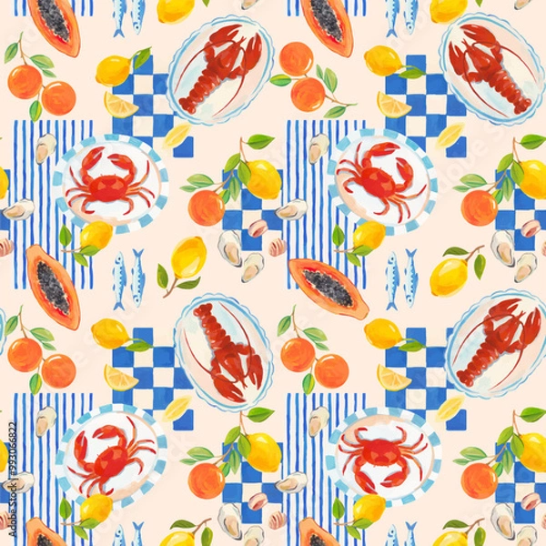 Obraz Beautiful vector seamless Summer Vacation Seamless pattern. Greek pattern with sardines, lemon, oysters, mussels, papaya, lobster and crab. Mediterranean bright print. Greek style.