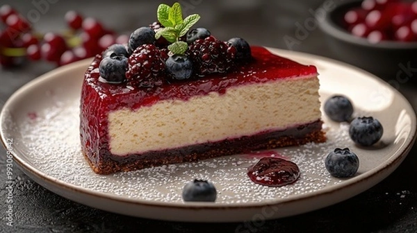 Fototapeta   A white plate featuring a cheesecake with blueberries and raspberries on top