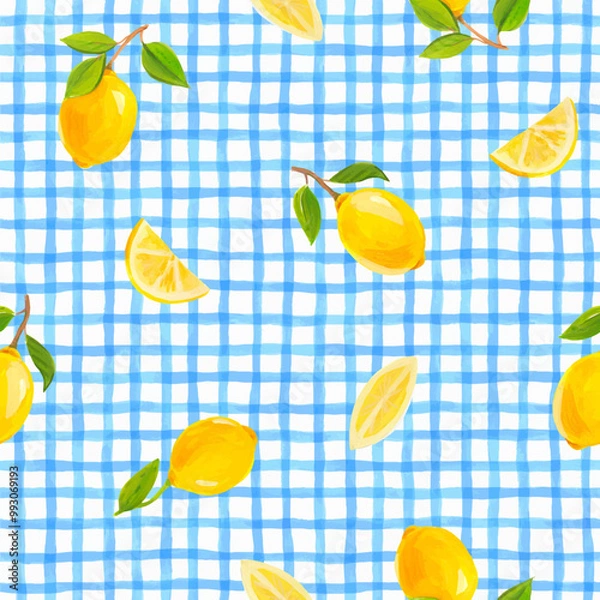 Obraz Beautiful vector fresh summer design with watercolor yellow lemon fruits and blue stripes on the background. Stock illustration. Ready print for textile. Seamless pattern.