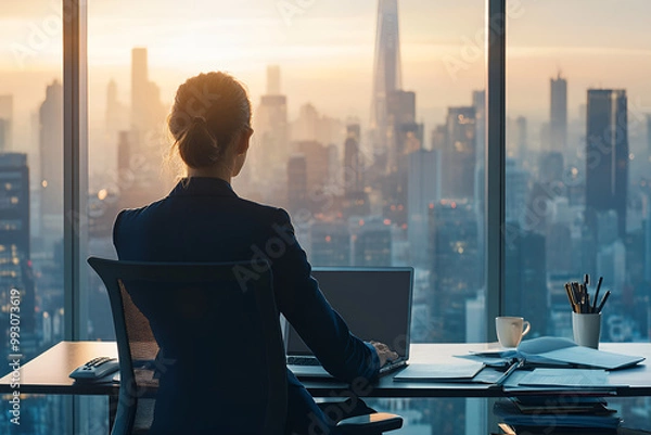 Fototapeta A female executive in a navy blue pantsuit, working in a corner office with a city skyline view, typing on her laptop.