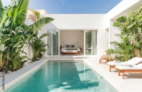 Fototapeta the small pool and garden area in front of one side wall, which is an all-white bungalow with white walls and glass doors on both sides. The plants outside create greenery around it.