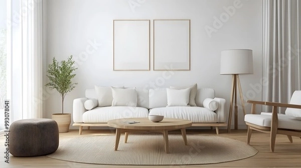 Fototapeta Simple living room with neutral colors and Scandinavian-style furniture