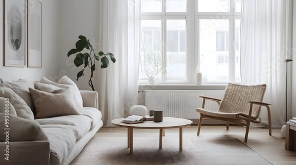 Fototapeta Scandinavian-style living room with a soft, neutral palette and clean lines