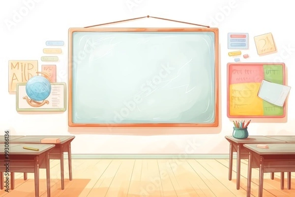 Fototapeta Empty classroom with wooden desks, a large blank whiteboard, and colorful educational posters on the walls, ready for students to learn.