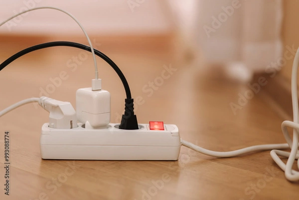 Fototapeta White cable connector for overloaded power boards at home. Close up focus at a plug foreground.