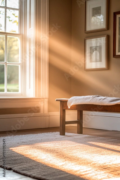 Fototapeta Warm sunlight streaming through a window illuminates a cozy room with a wooden bench and framed art