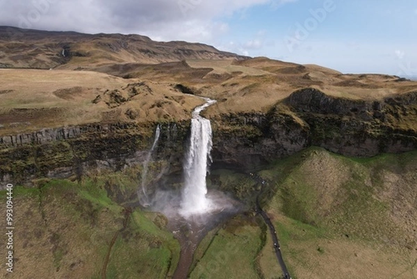Fototapeta Seljalandsfoss waterfall in Iceland in springtime. powerful image. aerial image horizontal.