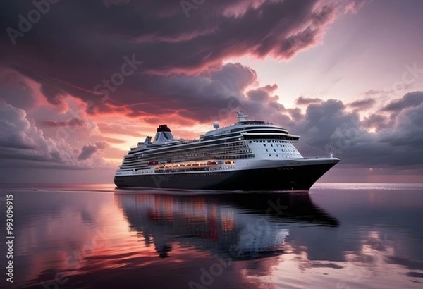 Obraz A large cruise ship sailing on the ocean at sunset, with dramatic clouds in the sky and the ship's reflection visible in the water