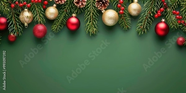 Fototapeta Festive Green Christmas Background with Lush Fir Branches and Sparkling Ornaments.