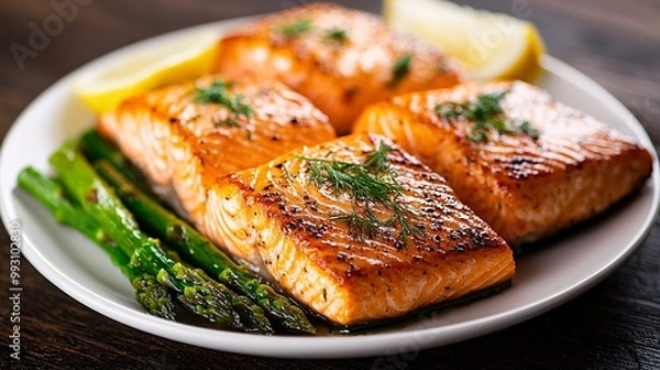 Fototapeta Grilled Salmon with Asparagus and Lemon.