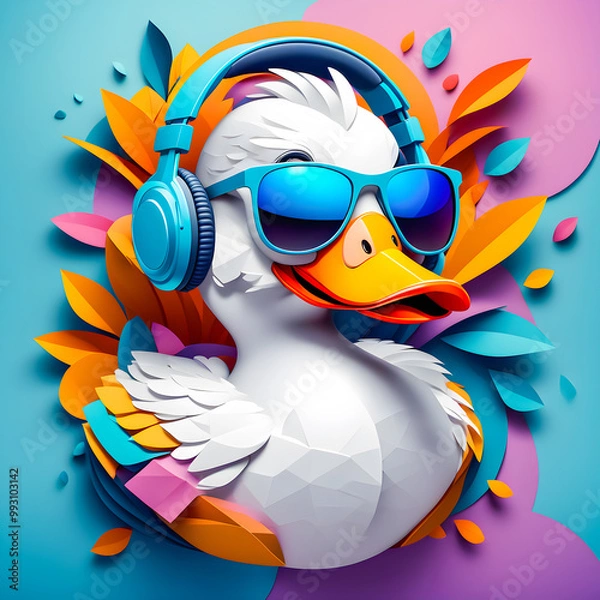 Obraz illustration of paper art duck with headphones and sunglasses on the abstract background.