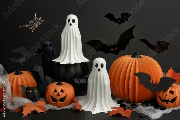 Fototapeta Halloween decorations arranged matte black background Glowing orange pumpkins black bats spider webs stretch across scene Ghost figurines float foreground casting soft shadows Spooky clean composition