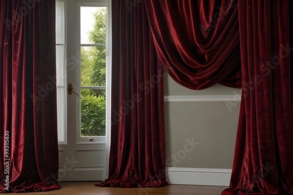 Obraz Velvet curtain (soft, deep red or burgundy velvet curtain draped romantically)