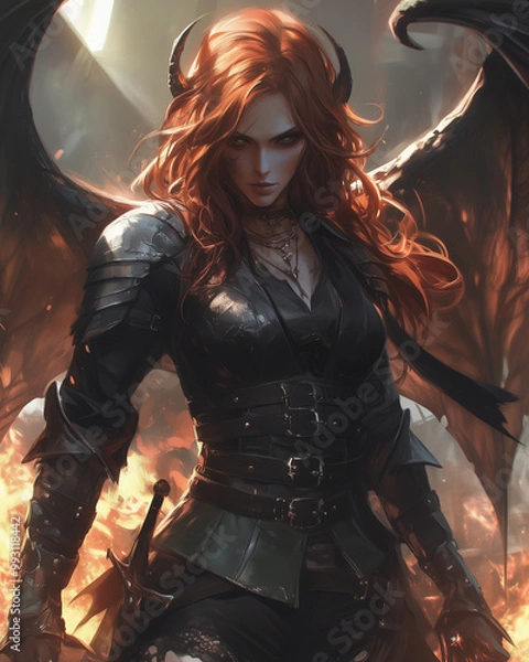Fototapeta fierce demon queen with fiery mane and black armor stands against a blazing backdrop
