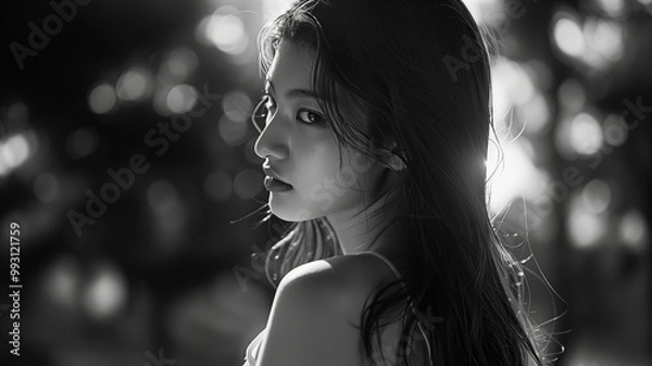 Fototapeta Mysterious Black and White Portrait with Dramatic Lighting