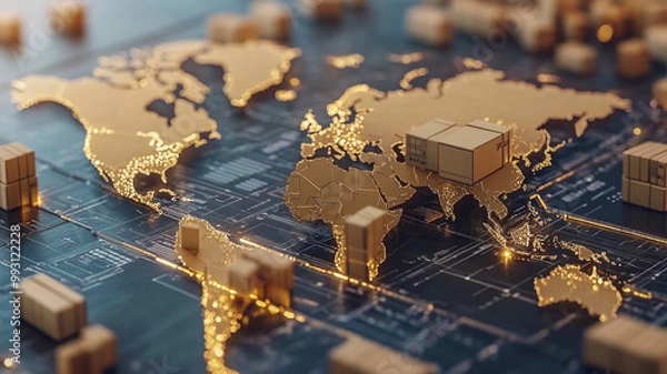 Fototapeta Global logistics network concept with illuminated world map and cargo boxes, symbolizing international trade and supply chain management