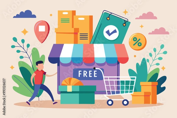 Obraz Shoppers delighted by discount offers and free shipping stroll near a colorful storefront filled with packages, Discount shopping with free shipping and flat illustration.