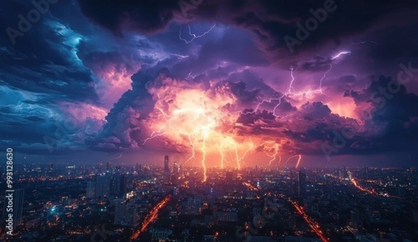 Fototapeta Dramatic lightning storm over a brightly lit city skyline at sunset with vibrant clouds and striking bolts Generative AI