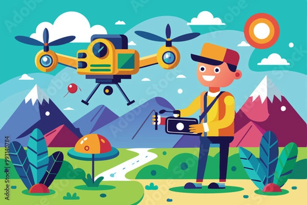 Fototapeta A drone operator captures a colorful cartoon scene featuring mountains and greenery, Drone filming for customizable cartoon illustration.
