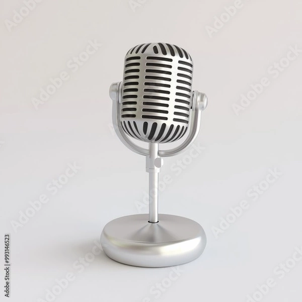 Fototapeta A vintage-style silver microphone stands on a simple base, featuring a classic design with a mesh grille, symbolizing audio recording and communication.