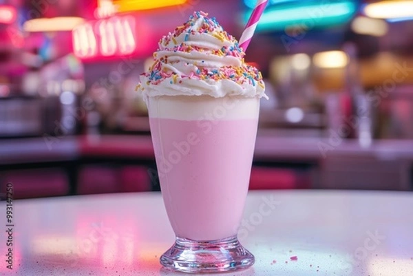 Fototapeta A vibrant pink milkshake topped with whipped cream and colorful sprinkles, served in a classic glass with a straw, set against a retro diner backdrop.