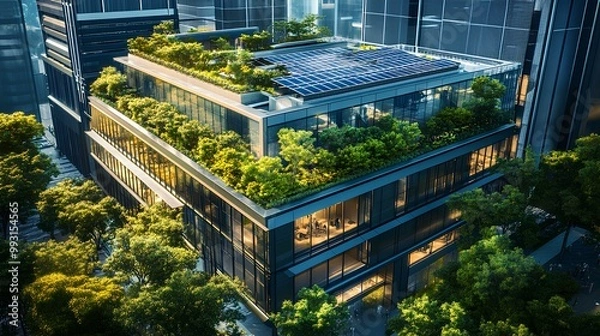 Fototapeta A modern building featuring lush greenery on its rooftop and surrounding areas, emphasizing sustainability and urban nature.