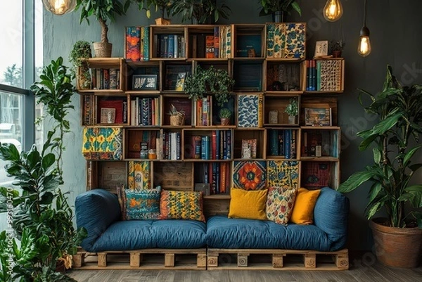 Fototapeta  Cozy living room with a pallet sofa, colorful cushions, and bookshelves made from wooden crates, blending rustic charm with modern, comfortable design.