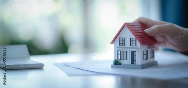 Fototapeta A close-up view of a person holding a small house model in an interior setting, suggesting concepts of ownership, real estate, or home care.