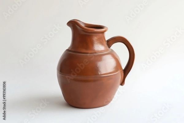 Fototapeta Classic brown ceramic pitcher is standing on a white backdrop, showcasing its simple elegance and rustic charm