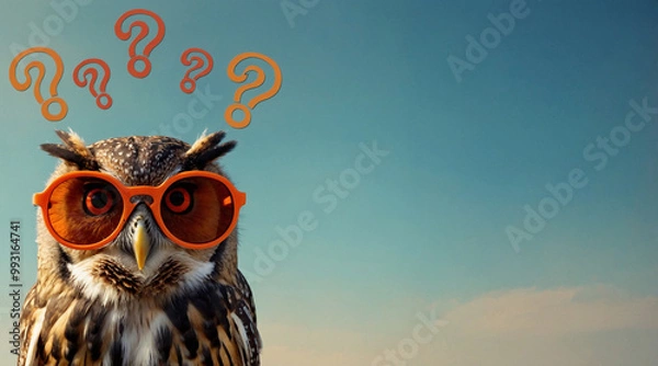 Obraz Funny Owl Wearing Sunglasses with Question Marks