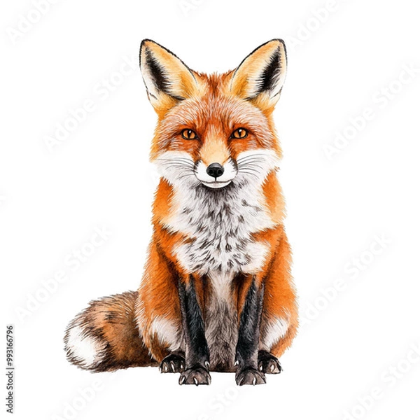 Fototapeta A realistic illustration of a fox with a vibrant orange fur coat, sitting gracefully. Ideal for wildlife and nature projects.