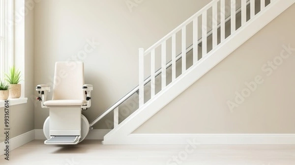 Fototapeta Modern stairlift at home, designed for accessibility. Ideal for elderly or disabled individuals seeking mobility solutions.