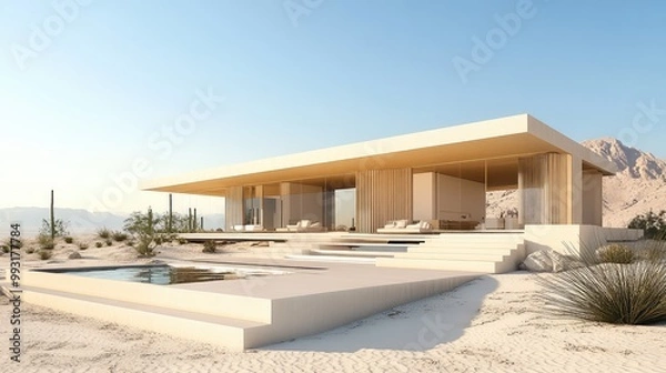 Fototapeta Elegant desert villa with a minimalist design, surrounded by vast, sandy landscapes
