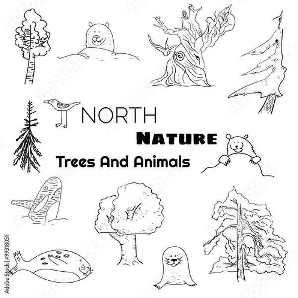 Obraz A set of north nature doodle animals and trees. EPS10 vector