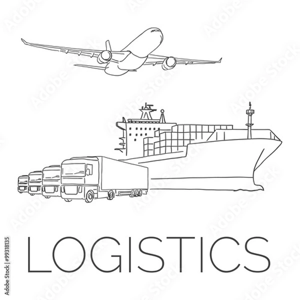 Obraz Logistics sign with plane, trucks and container ship vector illustration