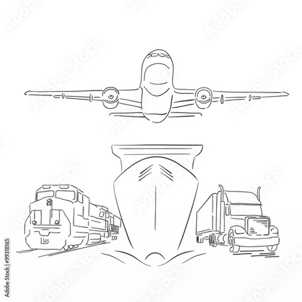 Obraz Logistics sign with plane, truck, container ship and train vector illustration
