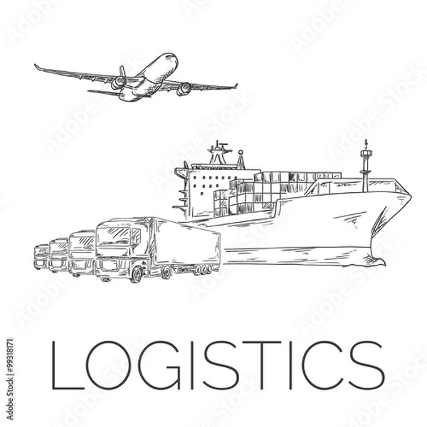 Obraz Logistics sign with plane, trucks and container ship vector illustration