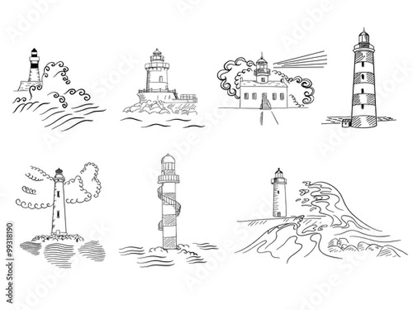 Obraz Sketchy hand drawn lighthouses vector set