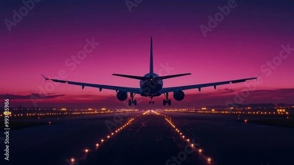 Fototapeta The Airplane Landing at Sunset