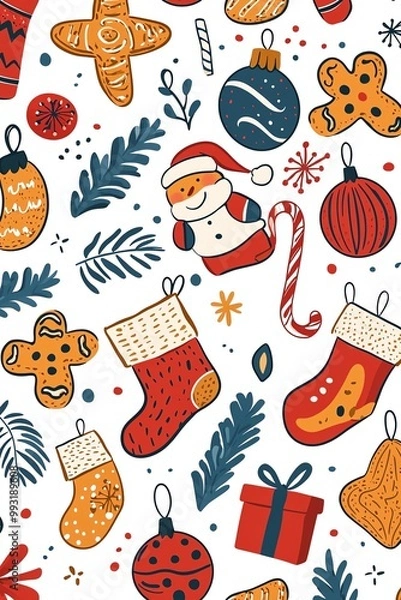 Fototapeta A whimsical, hand-drawn background with playful illustrations of Santa's sleigh, reindeer, and holiday icons against a vibrant, red and green color scheme, evoking the joyful spiri